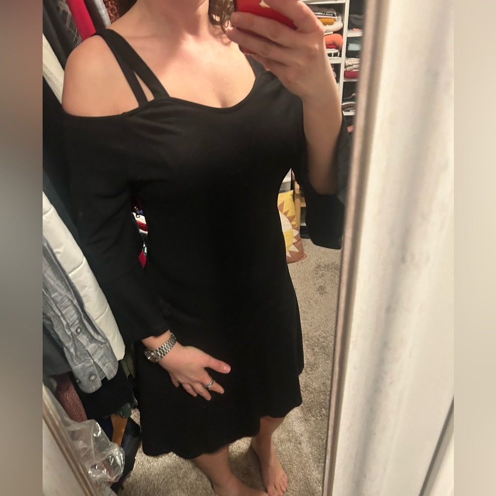 Patrizia Luca Black Cold-Shoulder A-Line Dress with Flared Sleeves